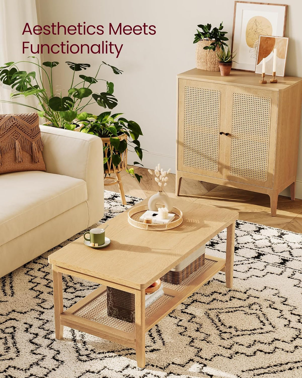 VASAGLE 2-Tier Coffee Table for Living Room, Rectangular Living Room Table, with PVC Rattan Storage Shelf, Rounded Corners, Easy Assembly, Boho Style, 21.7 x 39.4 x 17.7 Inches, Oak Beige ULCT240Y57