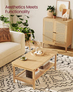 VASAGLE 2-Tier Coffee Table for Living Room, Rectangular Living Room Table, with PVC Rattan Storage Shelf, Rounded Corners, Easy Assembly, Boho Style, 21.7 x 39.4 x 17.7 Inches, Oak Beige ULCT240Y57