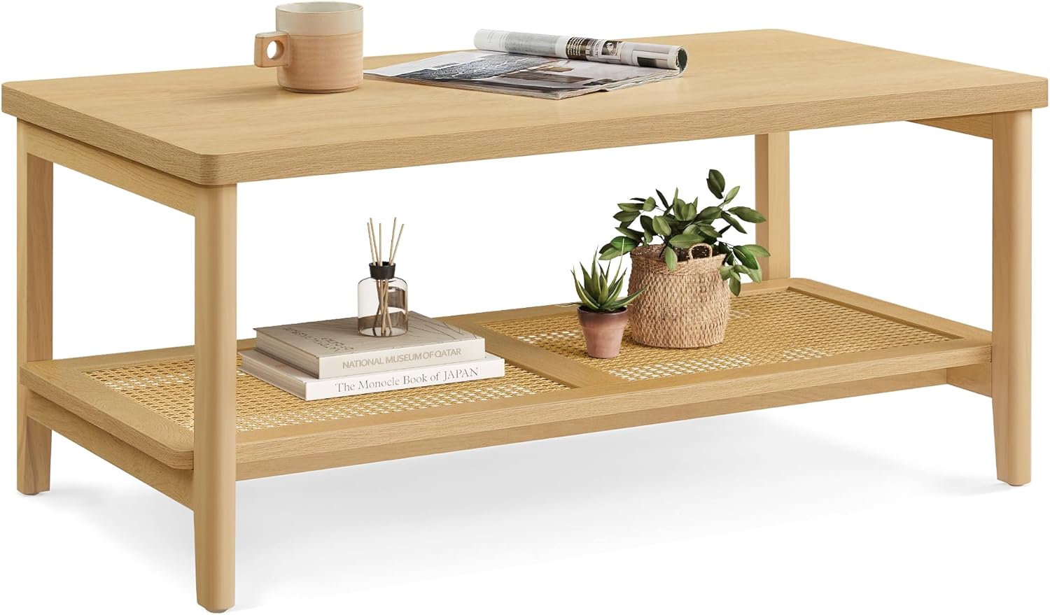 VASAGLE 2-Tier Coffee Table for Living Room, Rectangular Living Room Table, with PVC Rattan Storage Shelf, Rounded Corners, Easy Assembly, Boho Style, 21.7 x 39.4 x 17.7 Inches, Oak Beige ULCT240Y57