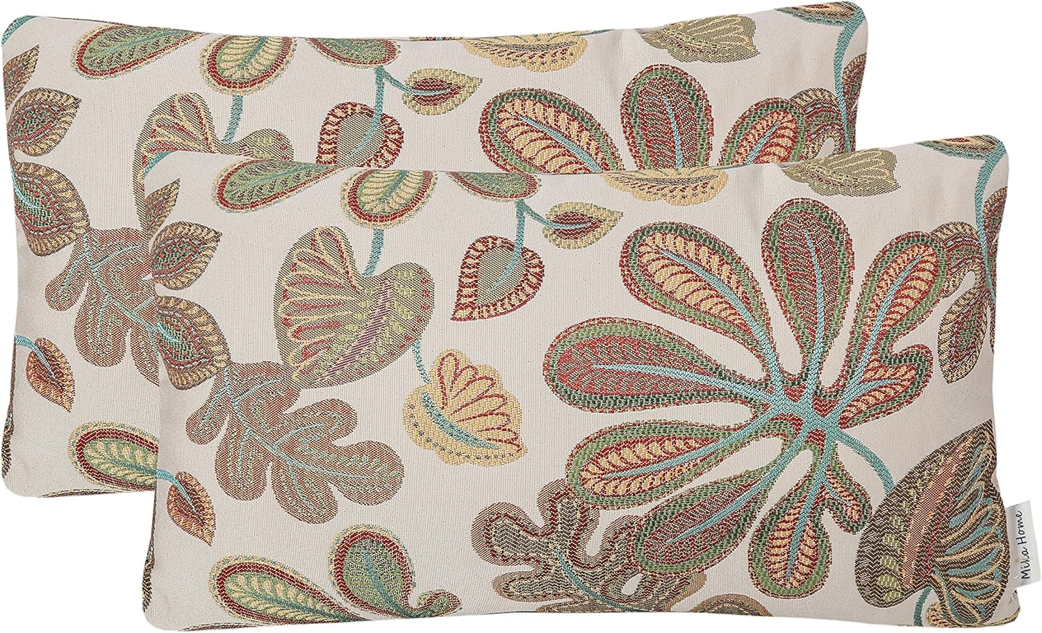 Mika Home Set of 2 Jacquard Tropical Leaf Pattern Oblong Throw Pillow Covers Accent Pillowcase 12X20 Inches,Blue Cream