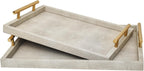 Modern Decorative Tray Set of 2 Ivory Shagreen Leather and Wood Serving Tray with Gold Polished Metal Handles for Ottoman, Coffee Table, Bathroom and More