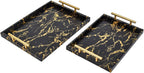 Modern Decorative Tray Set of 2 Ivory Shagreen Leather and Wood Serving Tray with Gold Polished Metal Handles for Ottoman, Coffee Table, Bathroom and More