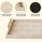 Modern Decorative Tray Set of 2 Ivory Shagreen Leather and Wood Serving Tray with Gold Polished Metal Handles for Ottoman, Coffee Table, Bathroom and More