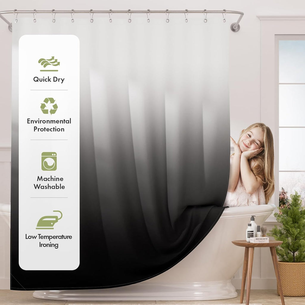 Shower Curtain, Cloth Ombre Black Shower Curtain Set with 12 Hooks, Washable Fabric Black and White Shower Curtain, Rustic Farmhouse Bathroom Shower Curtain, 72x72 Inches