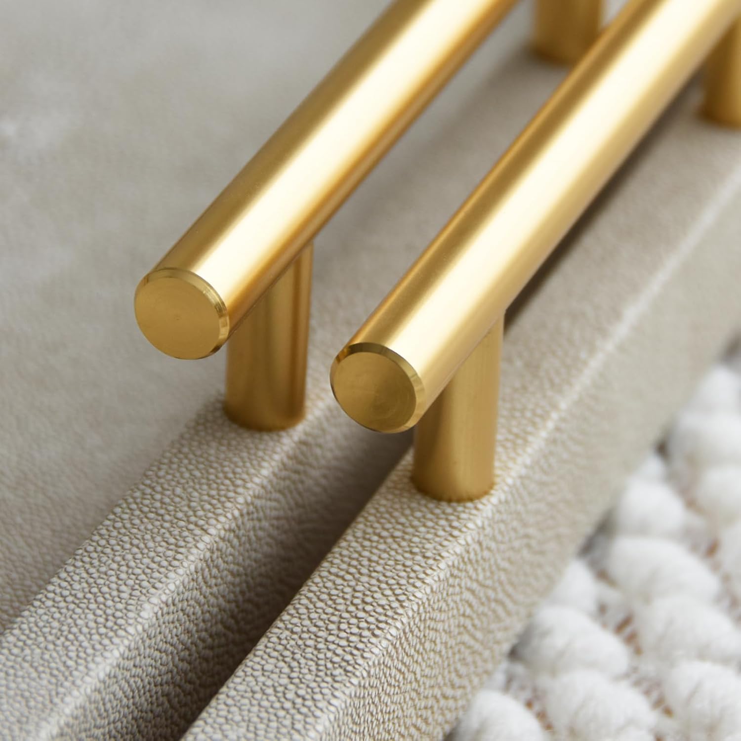Modern Decorative Tray Set of 2 Ivory Shagreen Leather and Wood Serving Tray with Gold Polished Metal Handles for Ottoman, Coffee Table, Bathroom and More