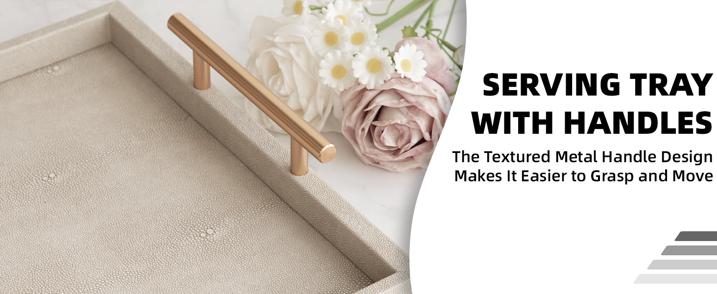 Modern Decorative Tray Set of 2 Ivory Shagreen Leather and Wood Serving Tray with Gold Polished Metal Handles for Ottoman, Coffee Table, Bathroom and More