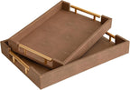 Modern Decorative Tray Set of 2 Ivory Shagreen Leather and Wood Serving Tray with Gold Polished Metal Handles for Ottoman, Coffee Table, Bathroom and More