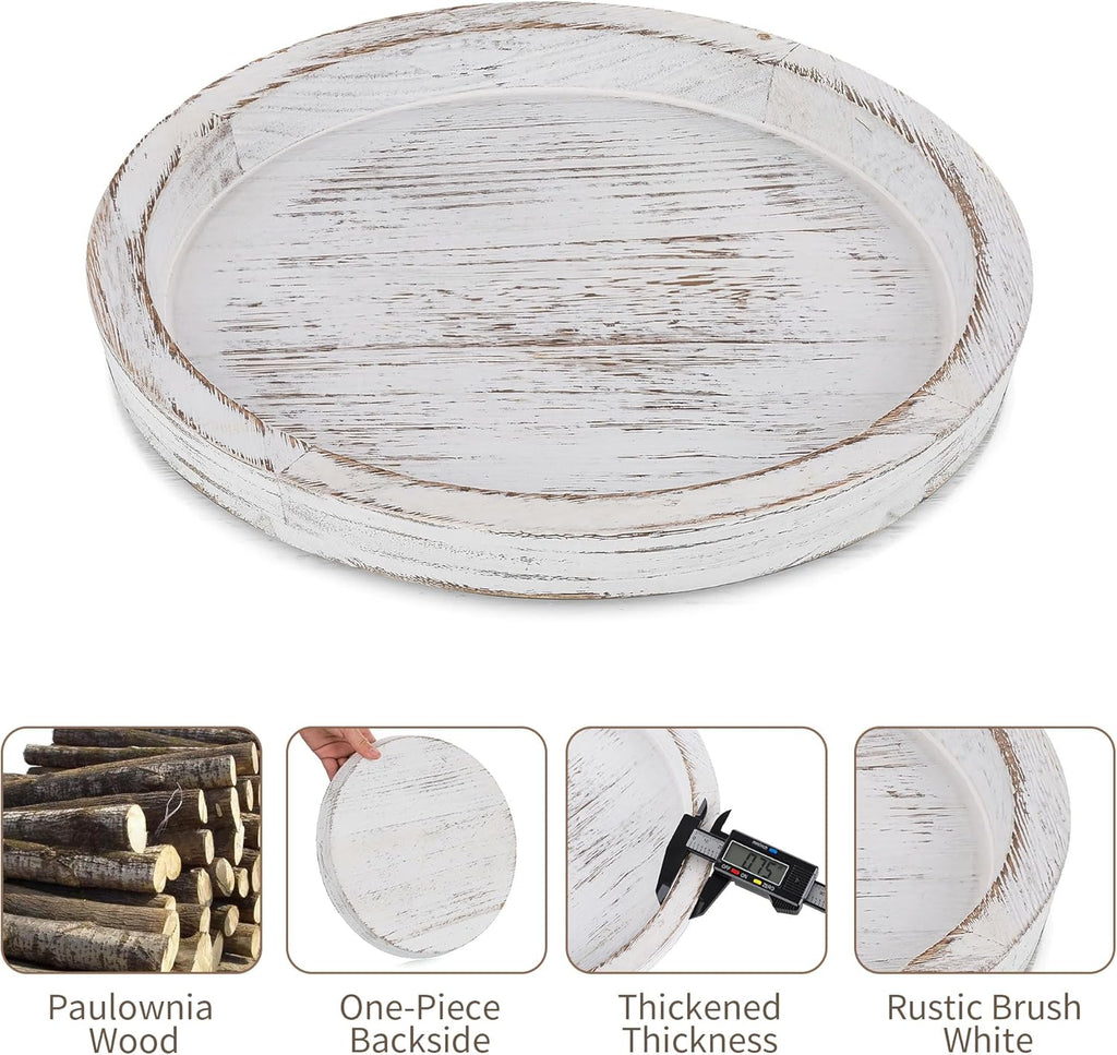 Candle Plate Holder Tray: Round White Wood Decorative Tray Decor - Rustic Farmhouse CoffeeTable Decor - Tealight Pillar Trays for Home Decor