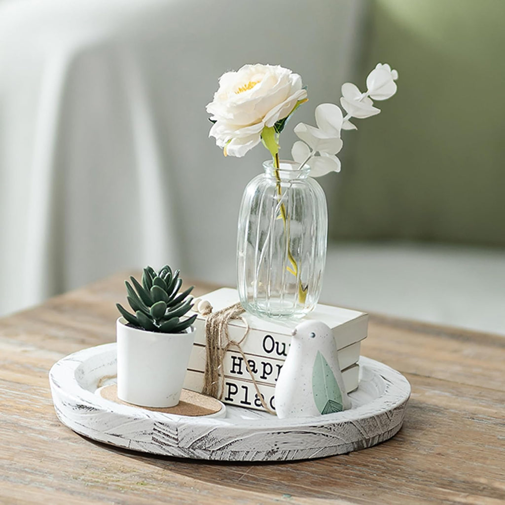 Candle Plate Holder Tray: Round White Wood Decorative Tray Decor - Rustic Farmhouse CoffeeTable Decor - Tealight Pillar Trays for Home Decor