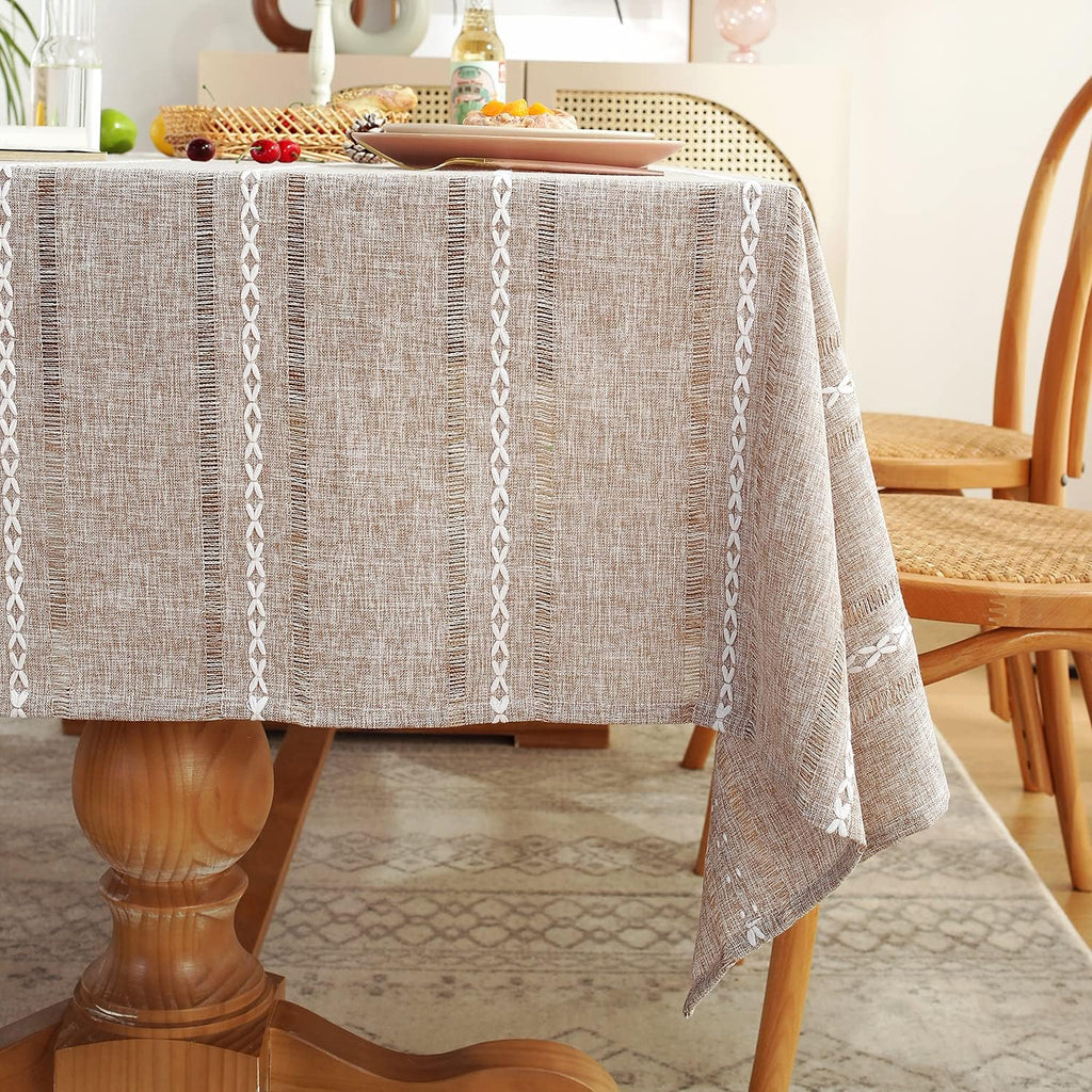 60 x 84 inches Farmhouse Style Linen tablecloths, Wrinkle Resistant Washable Dining Room Table Cloths for Rectangle Tables - Hemstitch Light Coffee