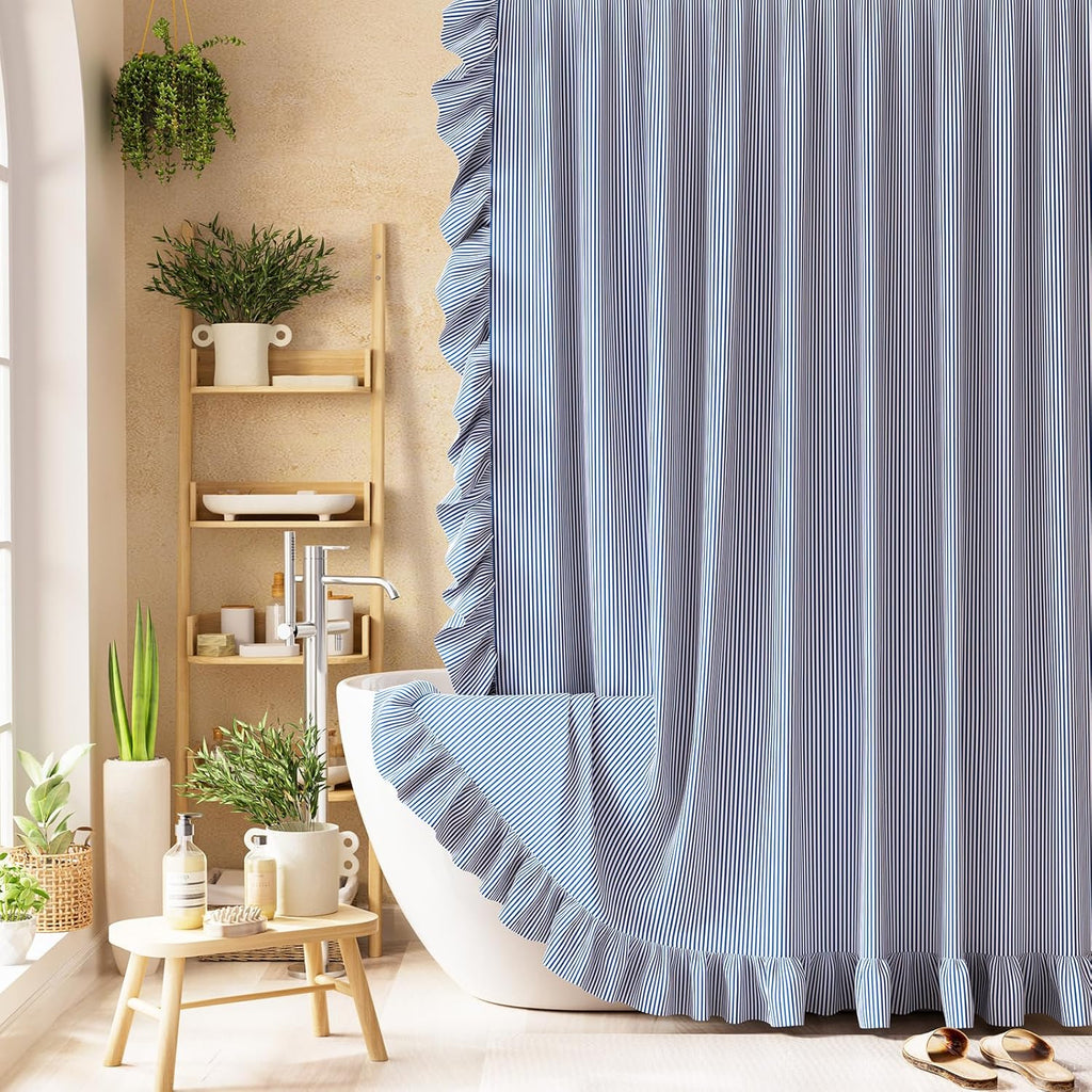 Ruffle Shower Curtain with Three-Side Ruffle, Solid White Farmhouse Curtains, Soft Flowy Layered Fabric, Elegant Spa Style, Clean Minimal Look, Water Repellent,12 Metal Hooks, 72" W x 72" L