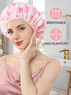 Shower Caps for Women Reusable Waterproof, Double Layer Waterproof Fabric - Both Sides Usable, Reversible Pattern & Solid Color Design, Soft Elastic Keeps Hair Dry for shower Spa Travel