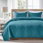 Quilts Queen Size - Ultra Soft Navy Blue Quilt Lightweight Microfiber Bedspreads, Classic Basket Weave Pattern Bedspread Bed Coverlet 3 Pieces for All-Season (1 Quilt, 2 Pillow Shams) | Breathable material, Easy care