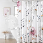 Watercolor Floral Shower Curtain, 3D Embossed Butterflies Grey Beige Flower Bathroom Curtains, Minimalist White Cloth Bath Curtain, Waterproof Fabric Textured Shower Curtain Set with Hooks, 72x72