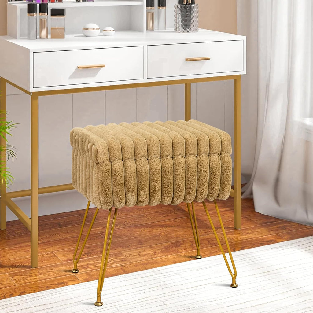 Faux Fur White Vanity Stool Chair with Storage Ottoman, Vanity Chair for Makeup Room, Vanity Stools for Bedroom, Footrest with Metal Legs and as a Coffee Table, White
