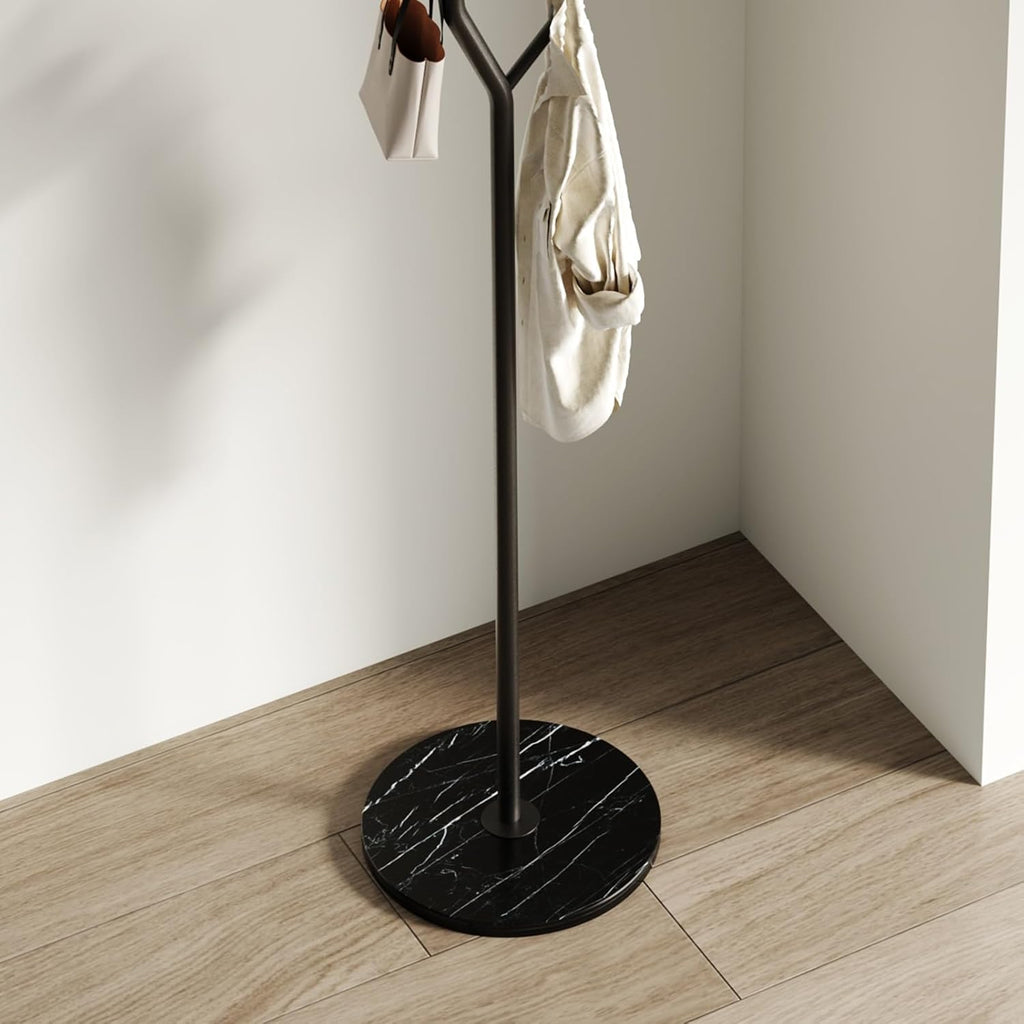 Tree Branch-Look Coat Rack Freestanding with 6 Hooks & Sturdy Marble base Metal Clothes Hanger Stand for Entryway/Mudroom/Bedroom/Hallway/Home Office (Matte black)