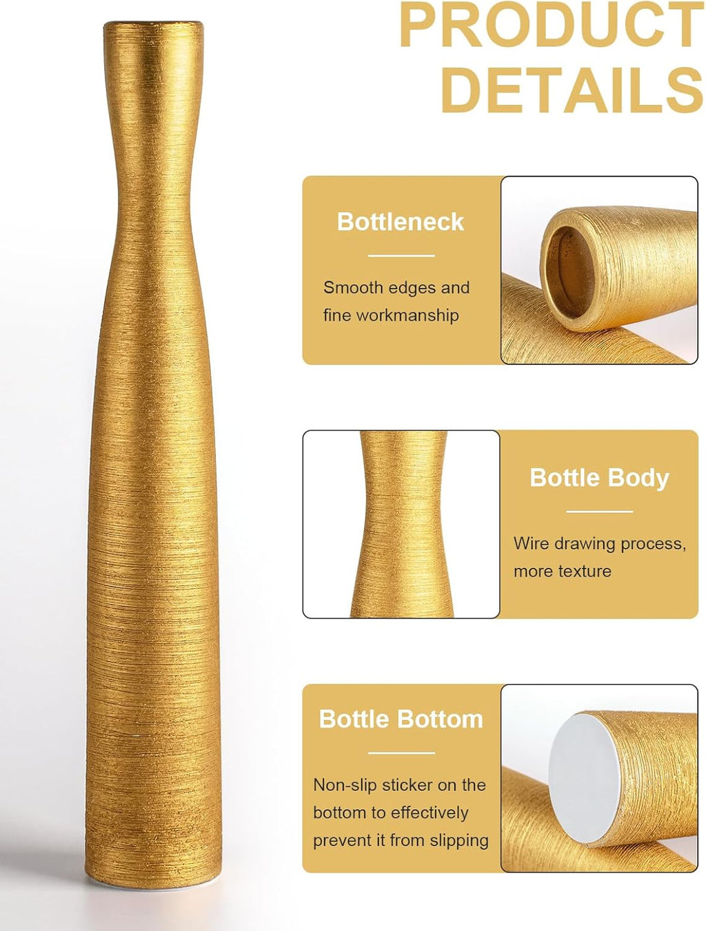 Tall Gold Vase, 16.5 Inch Skinny Flower Vases, Handmade Ceramic Vase Modern Minimalist Style for Living Room,Home,Office,Centerpiece,Table,Wedding Party