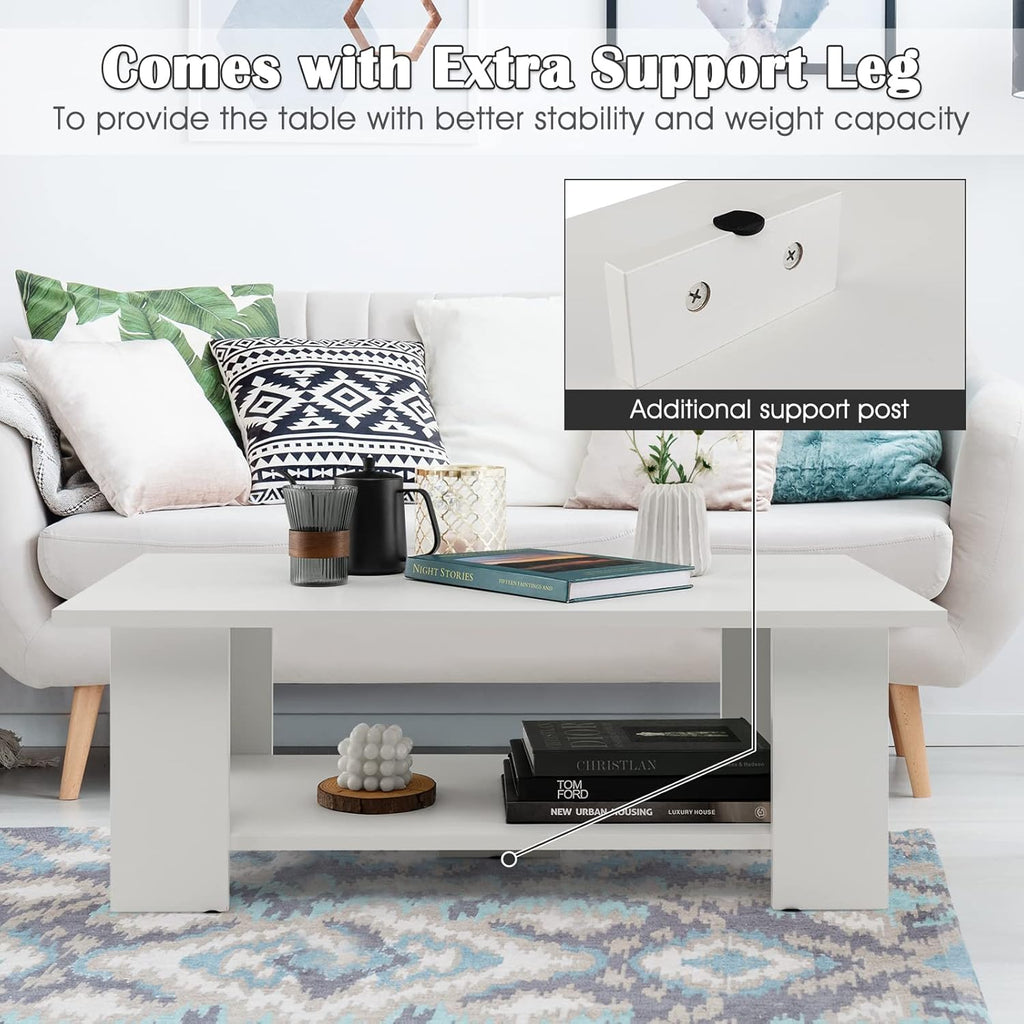 Giantex Rectangle Wood Center Table, 41" L 2-Tier Small Modern Tea Table w/Open Compartment, Easy Assembly, Accent Coffee Table for Living Room, Reception Room, White