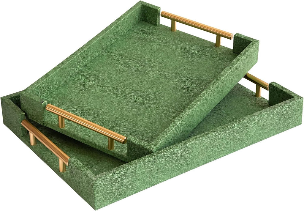 Modern Decorative Tray Set of 2 Ivory Shagreen Leather and Wood Serving Tray with Gold Polished Metal Handles for Ottoman, Coffee Table, Bathroom and More