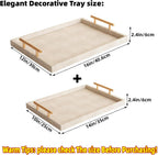 Modern Decorative Tray Set of 2 Ivory Shagreen Leather and Wood Serving Tray with Gold Polished Metal Handles for Ottoman, Coffee Table, Bathroom and More