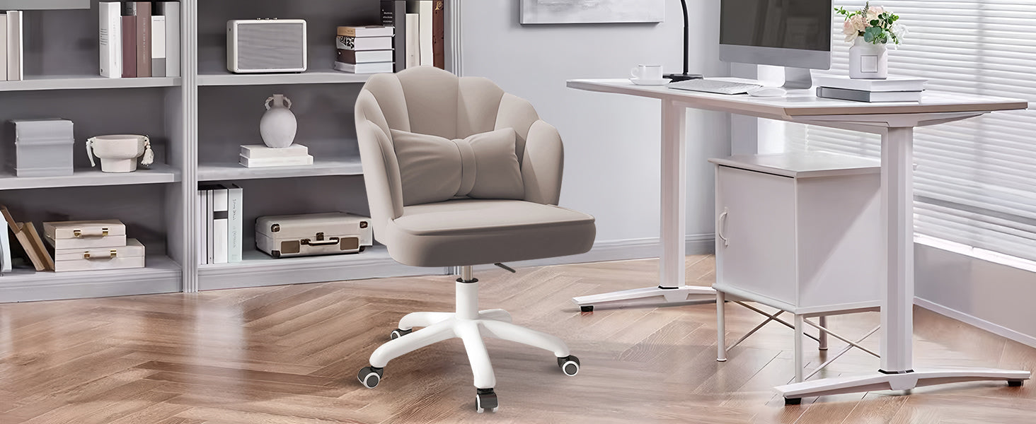 Chair with Bow Cushion Velvet Vanity Chair with Wheels, Upholstered Home Office Chair for Girls Women, Mid-Back Swivel Computer Task Chairs for Living Room Bedroom