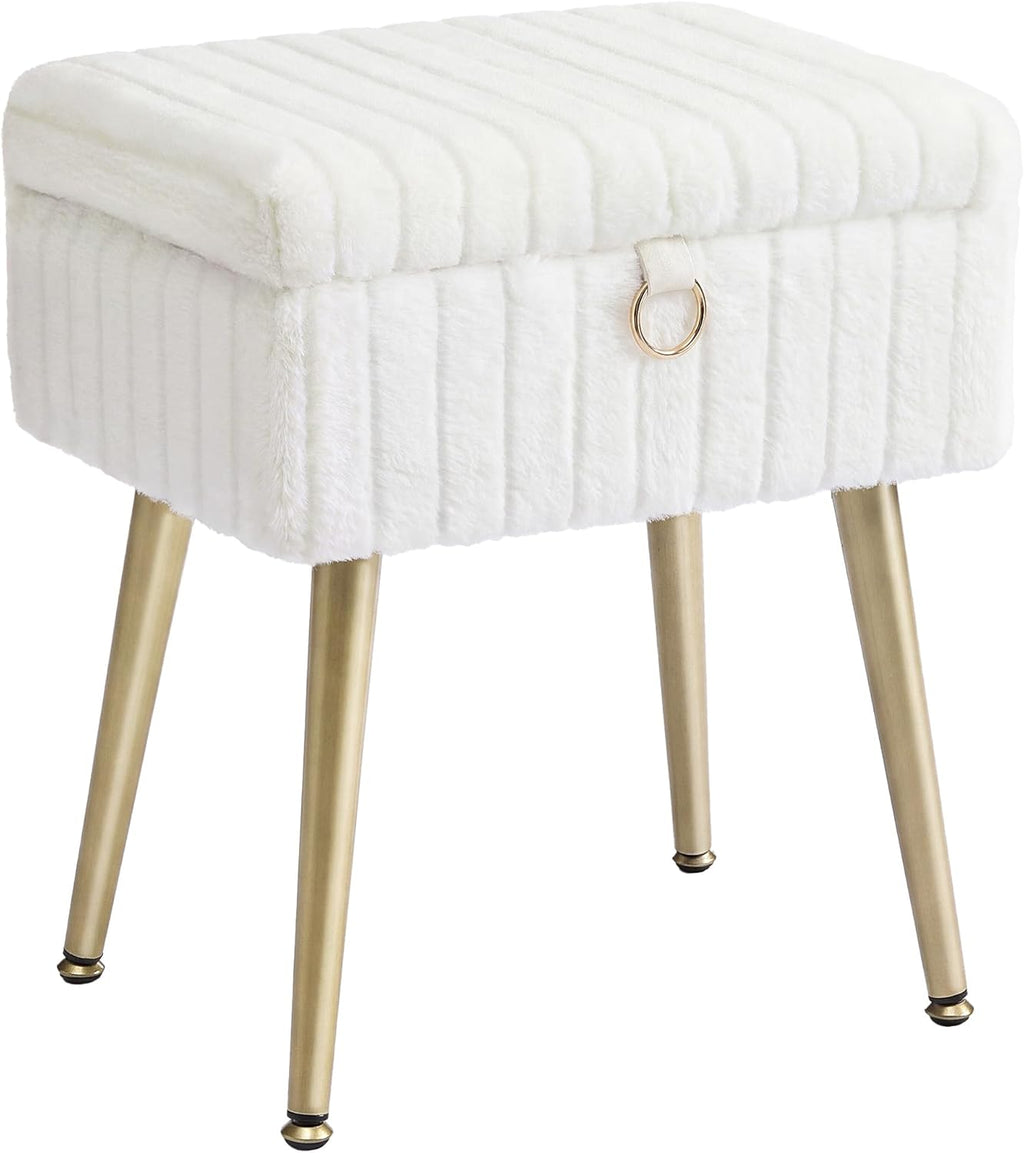 Vanity Stool Chair Faux Fur with Storage, Vanity Bench, Metal Legs, Adjustable Feet, for Living Room, Bedroom, Makeup Room, Cream White ULOM505WZ02